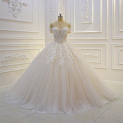 Long Off the Shoulder Sweetheart Ball Gown Appliques Lace Wedding Dress