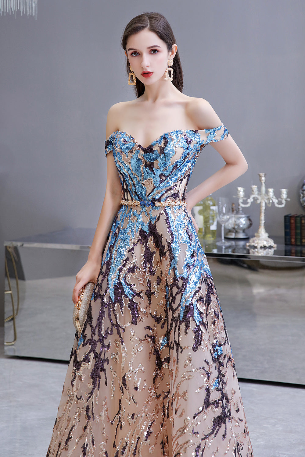 Elegant Multi-Color Long A-line Off the Shoulder Sequins Prom Dresses