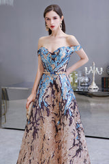 Elegant Multi-Color Long A-line Off the Shoulder Sequins Prom Dresses