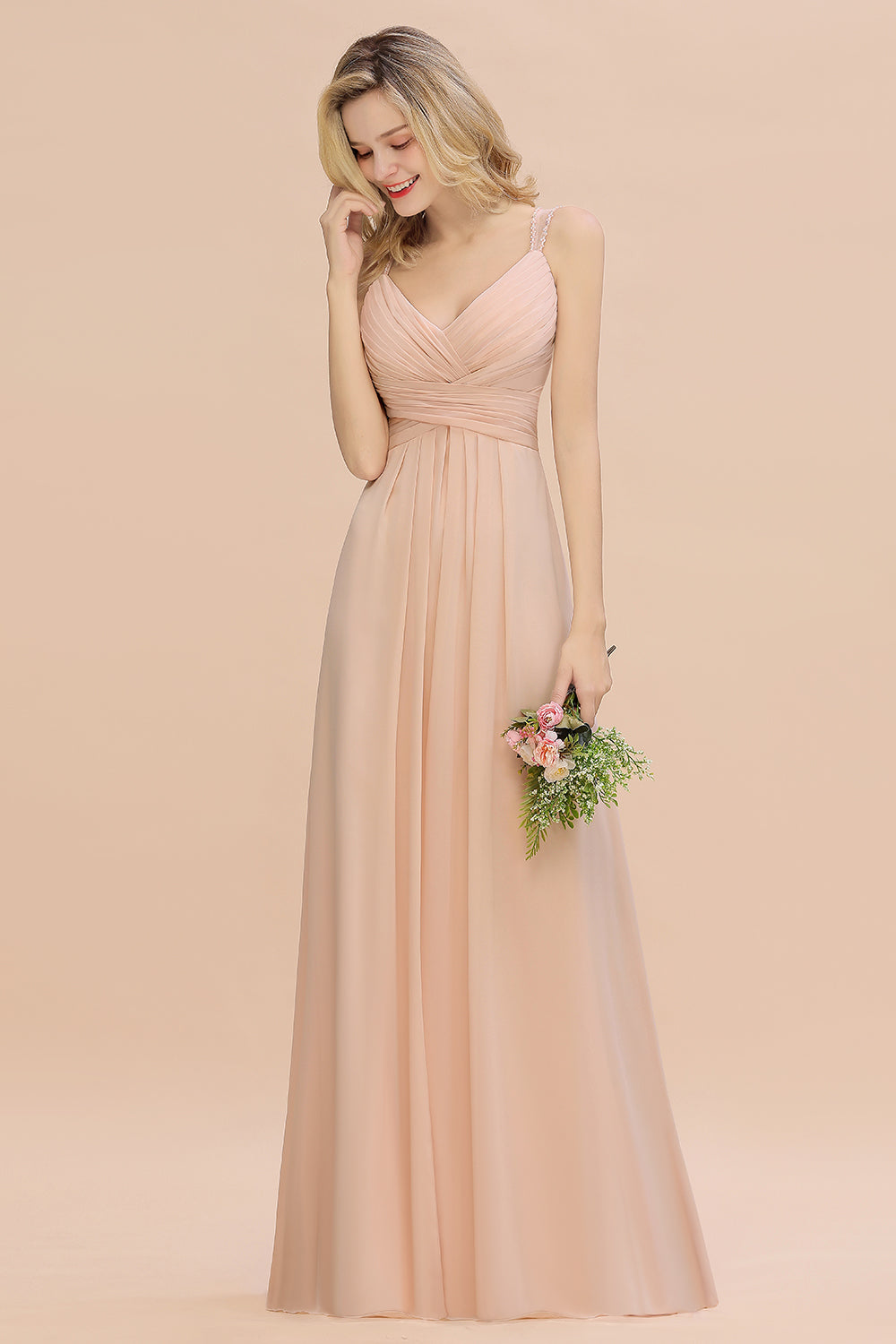 Long Spaghetti Straps V-neck A-Line Chiffon Floor Length Bridesmaid Dress With Ruffles