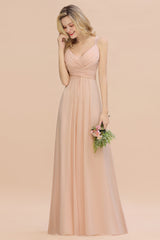 Long Spaghetti Straps V-neck A-Line Chiffon Floor Length Bridesmaid Dress With Ruffles