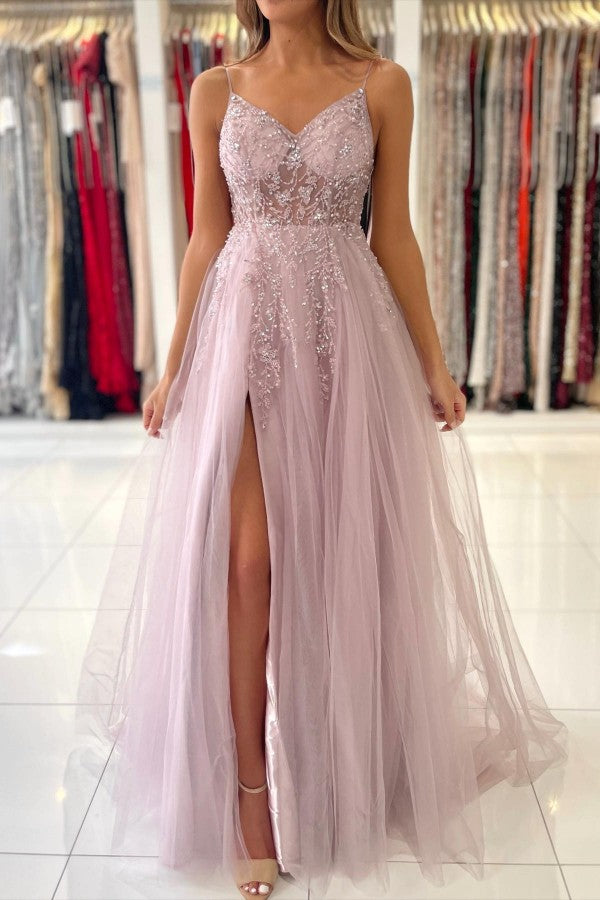 Long A-line V-neck Tulle Beaded Backless Prom Dress with Slit
