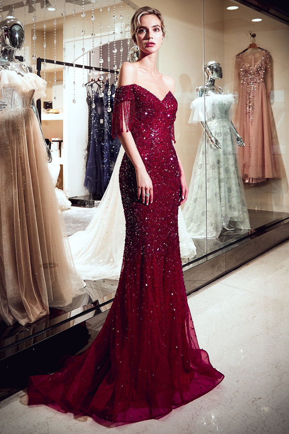 Long Off the Shoulder Tulle Mermaid Formal Evening Dresses