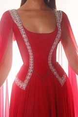 Red Sequare Neck A Line Beaded Ruched Chiffon Formal Evening Dress with Cape