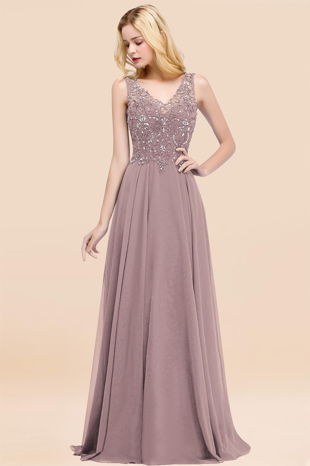 A-line Chiffon Appliques V-neck Sleeveless Floor Length Bridesmaid Dresses with Crystals