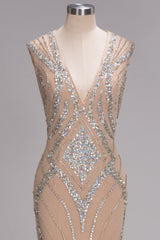 Long Mermaid V-neck Floor Length Sleeveless Sequins Prom Dresses