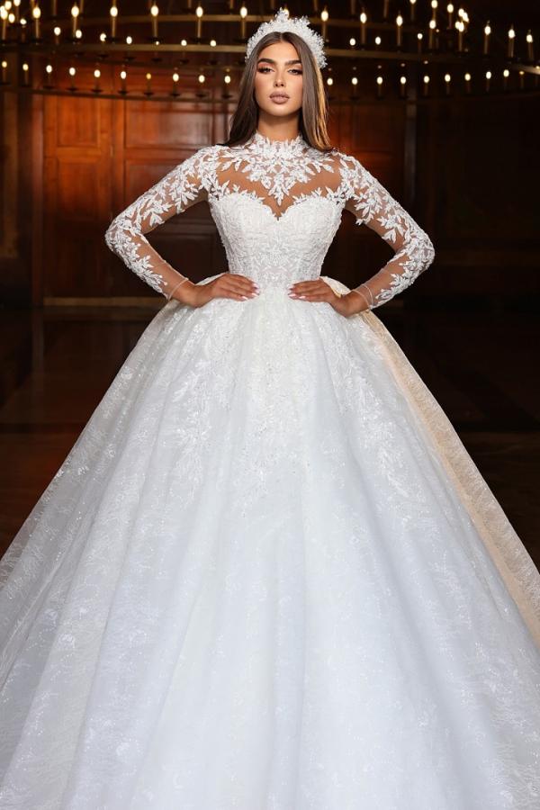 High Neck Long Sleeve Ball Gown Tulle Floor Length Wedding Dress with Appliques Lace
