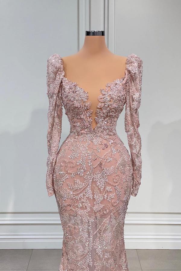 Sparkle Long Mermaid V-neck Tulle Lace Formal Dress with Sleeves