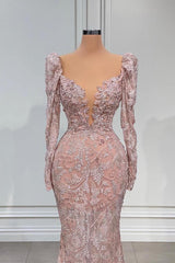 Sparkle Long Mermaid V-neck Tulle Lace Formal Dress with Sleeves