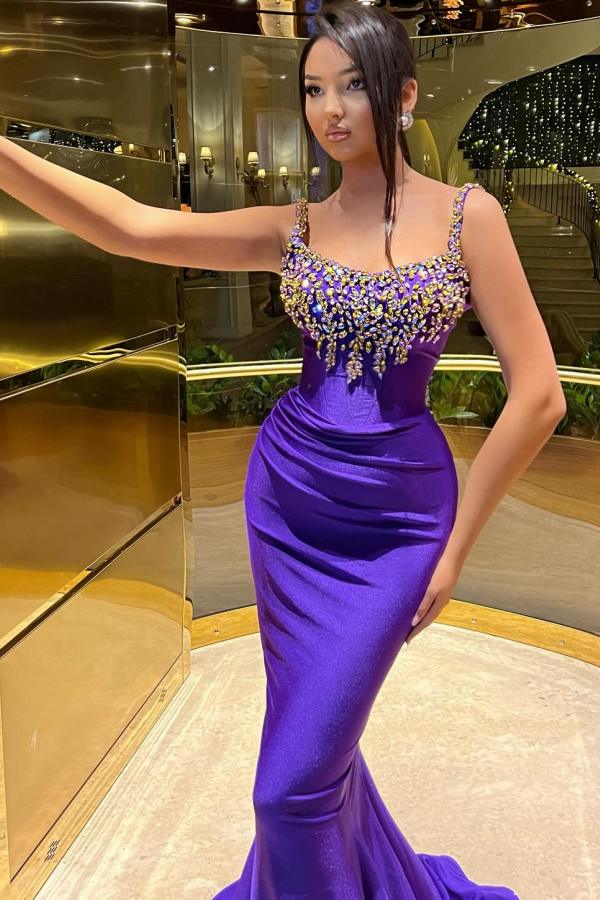 Elegant Long Mermaid Strapless Satin Beadings Formal Prom Dresses