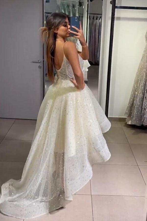 High Low A-line Glitter V-neck Sequined Backless Prom Dress