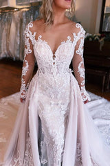 Long Mermaid Sweetheart Tulle Lace Long Sleeves Wedding Dress With Appliques