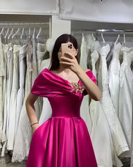 Long A-line Off the Shoulder Satin Formal Evening Dress with Pockets