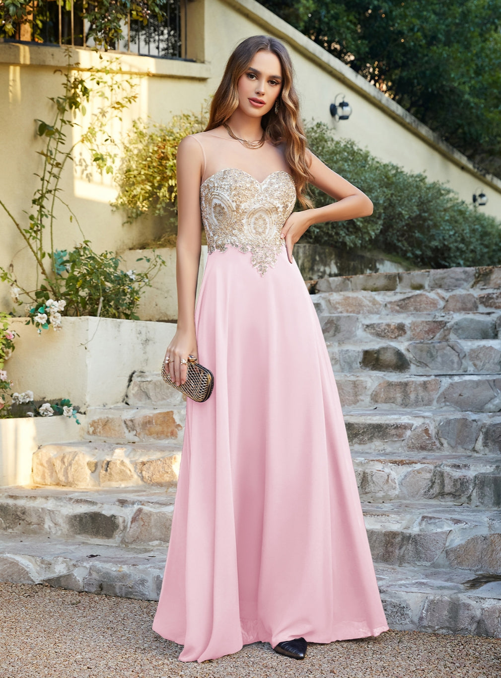 Gorgeous Long A-line Chiffon Lace Sleeveless Formal Evening Dresses