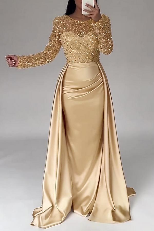 Elegant Long Mermaid Satin Sequined Formal Evening Dresses with Sleeves