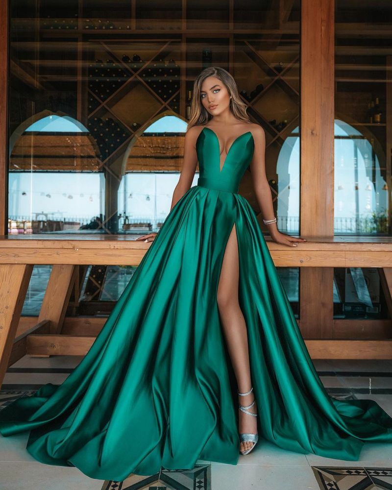 Long A-line V-neck Sleeveless Satin Prom Dress With Slit