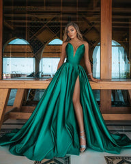 Long A-line V-neck Sleeveless Satin Prom Dress With Slit