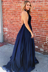 Long V-neck Halter Satin A-line Prom Dress