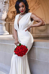 White Long Mermaid V-neck Straps Satin Formal Evening Dress