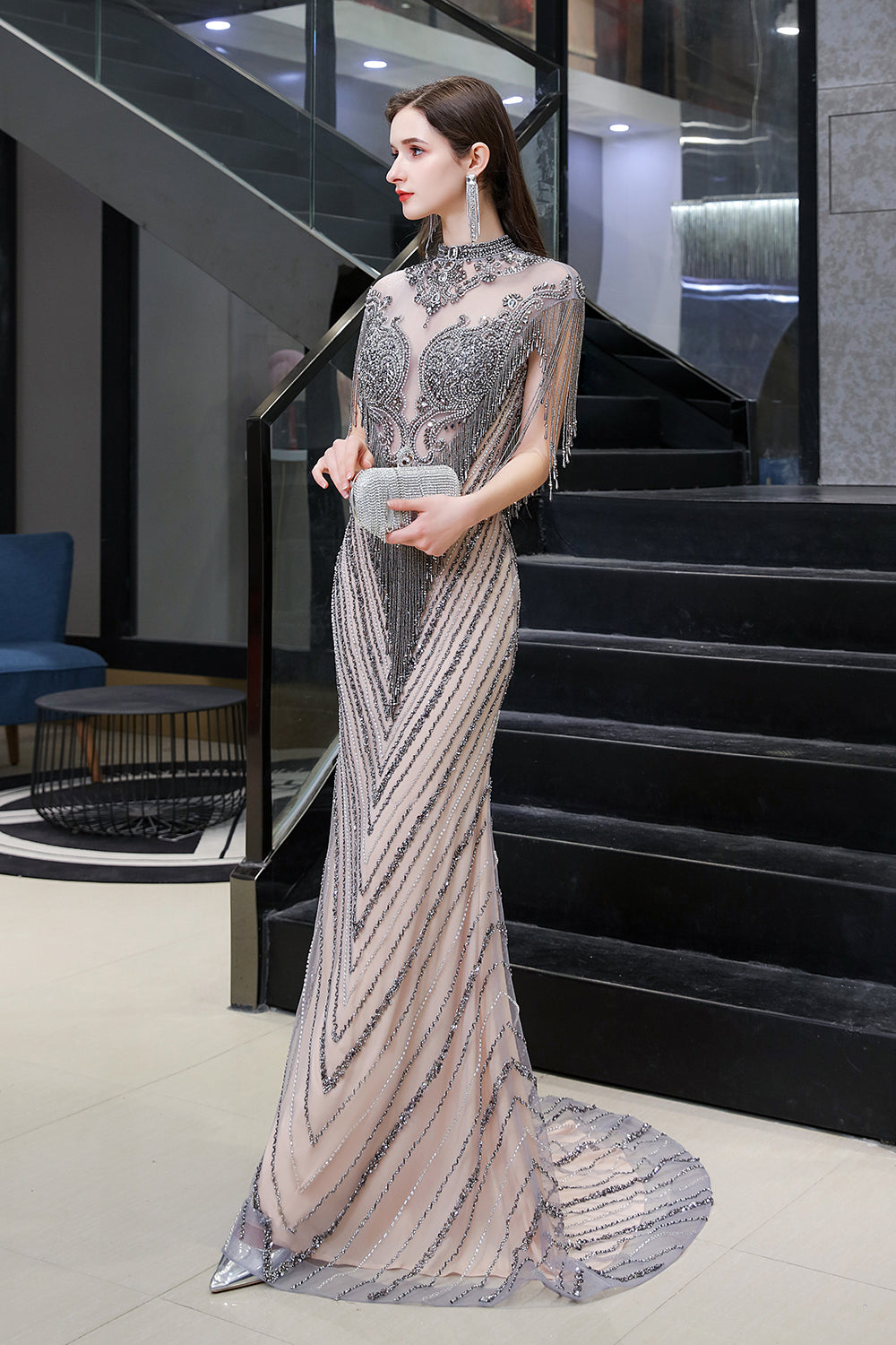 Mermaid High Neck Cap sleeves Sparkle Beads Long Evening Dresses