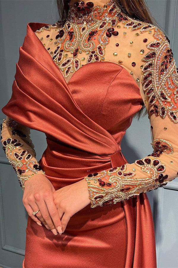 Long Mermaid One Shoulder Ruffles Satin Beading Lace Formal Dress with Sleeves