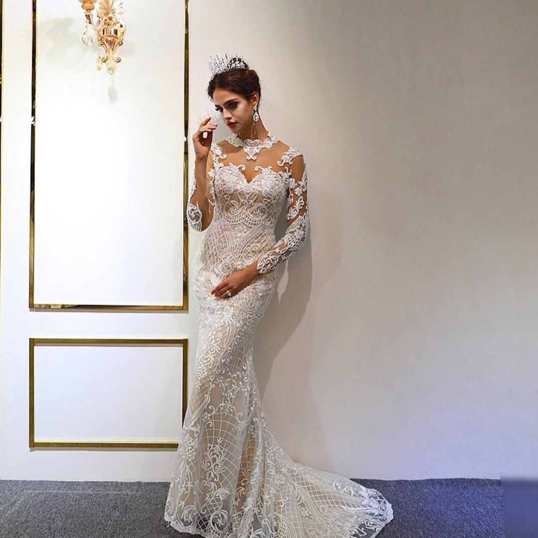 Gorgeous Long Mermaid Sweetheart Long Sleeve Appliques Lace Floor Length Wedding Dress
