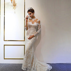Gorgeous Long Mermaid Sweetheart Long Sleeve Appliques Lace Floor Length Wedding Dress