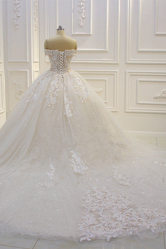 Long Off the Shoulder Sweetheart Ball Gown Appliques Lace Wedding Dress