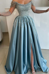 Luxury Long A-line Off the Shoulder Split Floor Length Prom Dresses