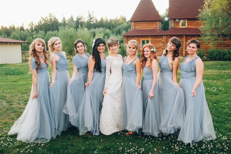 Elegant A-line Multiway Tulle Floor Length Backless Bridesmaid Dresses