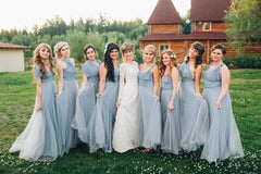 Elegant A-line Multiway Tulle Floor Length Backless Bridesmaid Dresses
