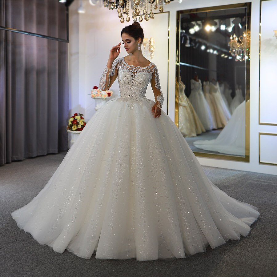 Gorgeous Long Ball Gown Bateau Long Sleeve Appliques Lace Sequins Floor Length Wedding Dress