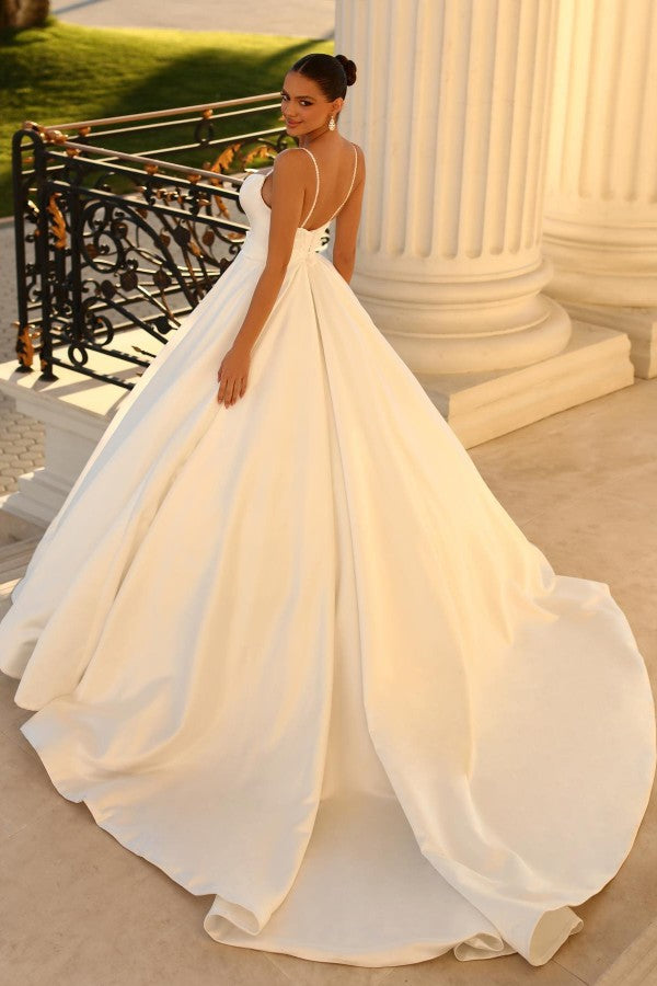 Simple Long A-line Strapless Spaghetti Straps Satin Backless Wedding Dresses