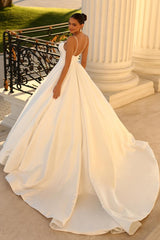 Simple Long A-line Strapless Spaghetti Straps Satin Backless Wedding Dresses