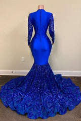 Royal Blue Long Mermaid V-neck Sequin Prom Dresses with Sleeves
