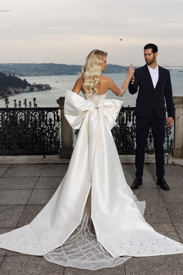 Elegant Glitter Long Mermaid Sweetheart Satin Lace Wedding Dresses