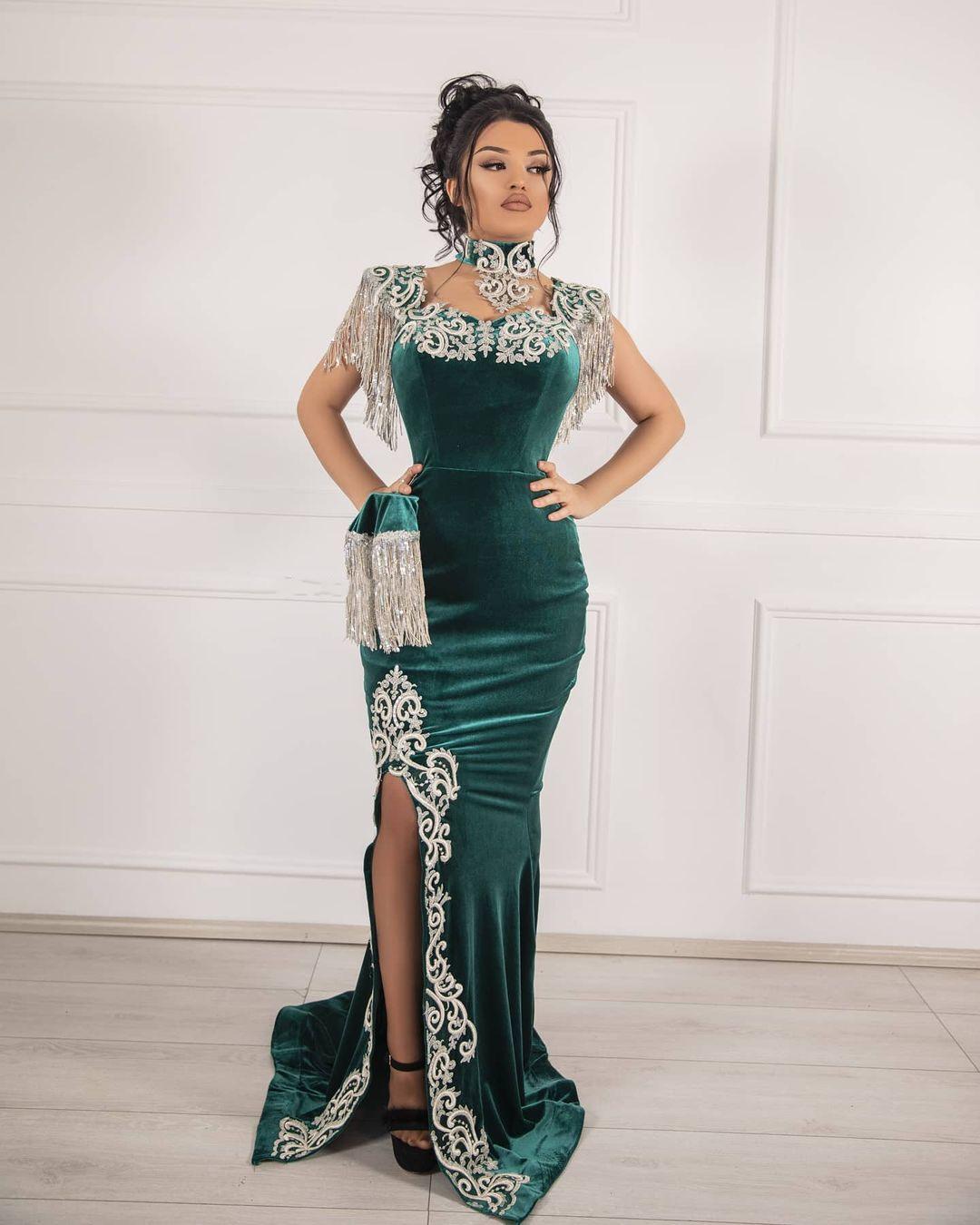 Unique Long Mermaid Velvet Formal Evening Dresses with Slit