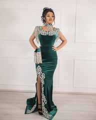 Unique Long Mermaid Velvet Formal Evening Dresses with Slit