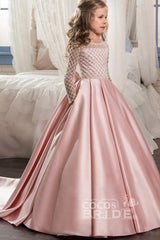 Scoop Neck Long Sleeves Ball Gown Flower Girl Dress with Pockets