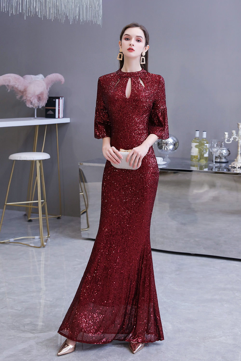 Burgundy Mermaid Sequins Long Formal Evening Dresses with Sleeves