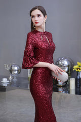 Burgundy Mermaid Sequins Long Formal Evening Dresses with Sleeves