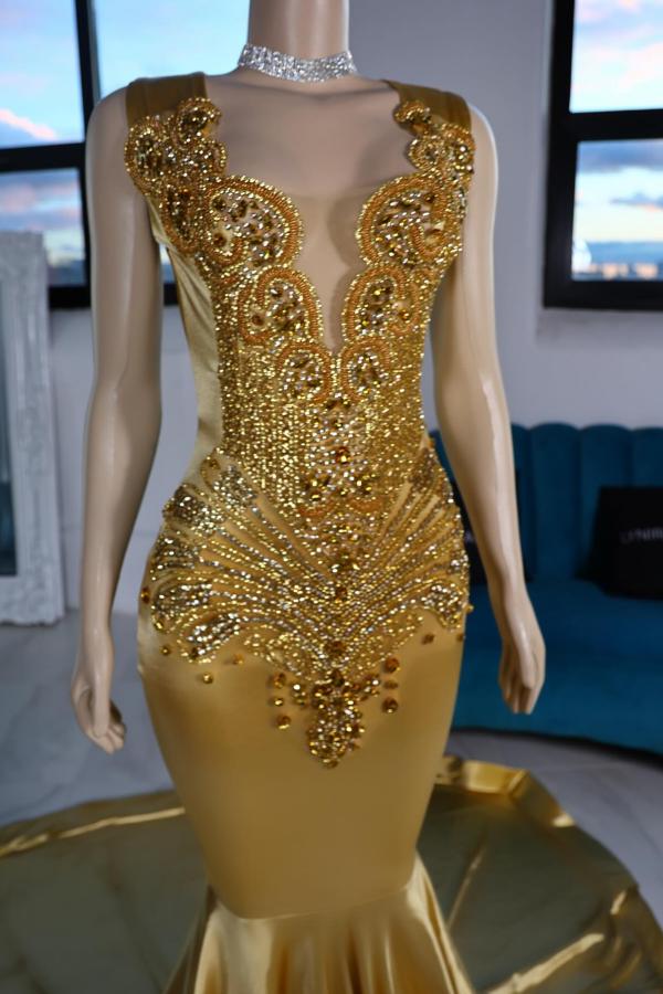 Sexy Gold V-neck Satin Long Mermaid Prom Dress with Beads