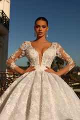Long Sleeves Ball Gown V-neck Tulle Lace Appliques Backless Wedding Dresses