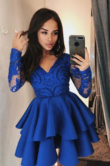V-neck Long Sleeve Appliques Lace Satin Short Homecoming Dress With Ruffles