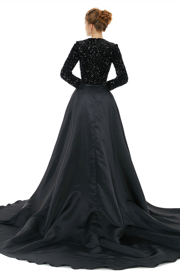 Elegant Long Sleeve Mermaid Sequins Black Formal Evening Dress with Overskirt