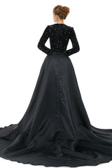 Elegant Long Sleeve Mermaid Sequins Black Formal Evening Dress with Overskirt