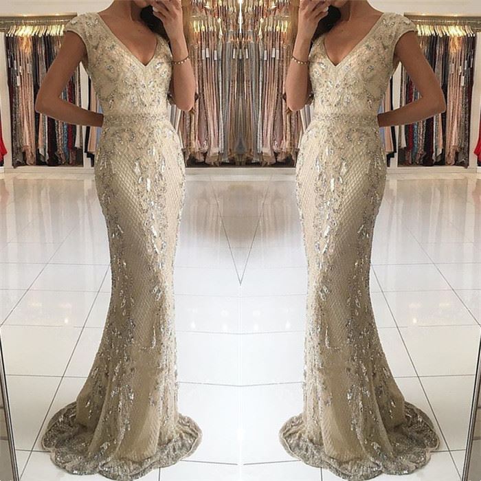 Long V-neck Wide Straps Beading Floor Length Mermaid Prom Dress