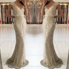Long V-neck Wide Straps Beading Floor Length Mermaid Prom Dress