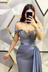 Elegant Long Mermaid Off the Shoulder Satin Beading Evening Formal Dresses