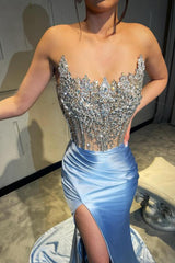 Long Mermaid Strapless Sleeveless Satin Formal Prom Dresses with Slit